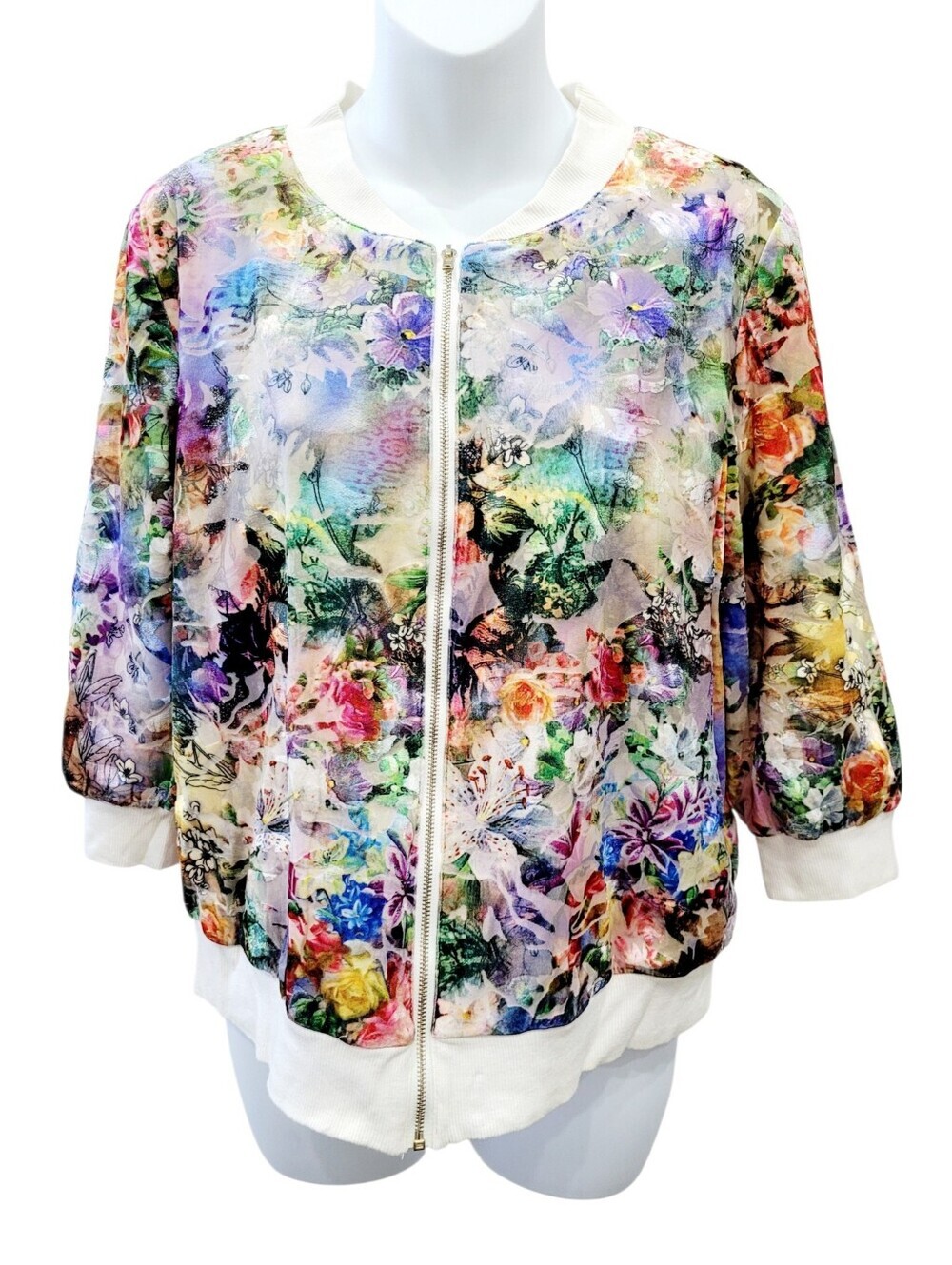 2/$20 Y2K White & Multi Color Pattern Velet Jacket Top Size: M